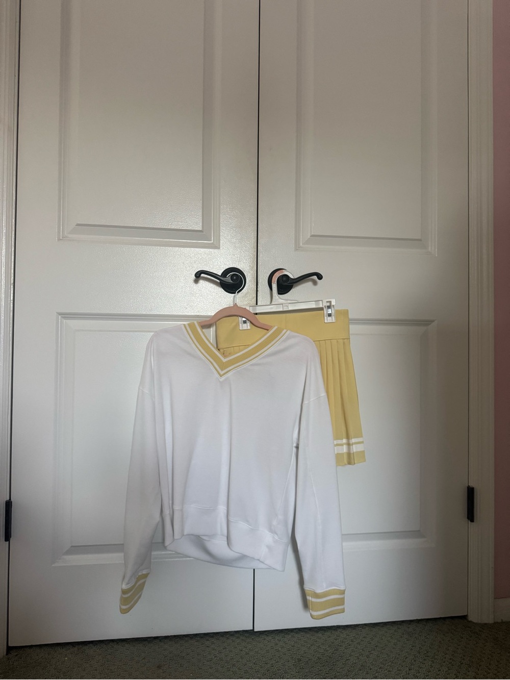White V-Neck Sweatshirt with Yellow Trim & Matching Yellow Pleated Skirt